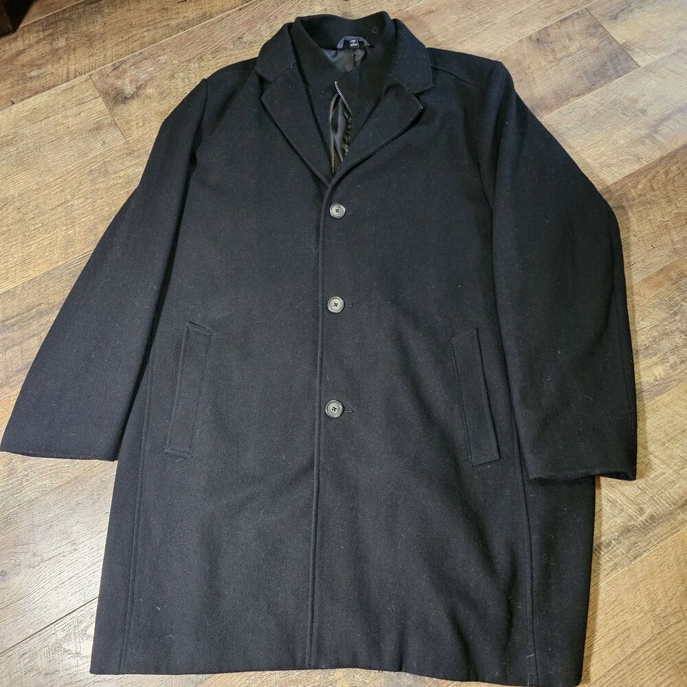 Tommy Hilfiger Men’s 48L Black Wool Blend Overcoat Top Coat Zip Bib Long Coat